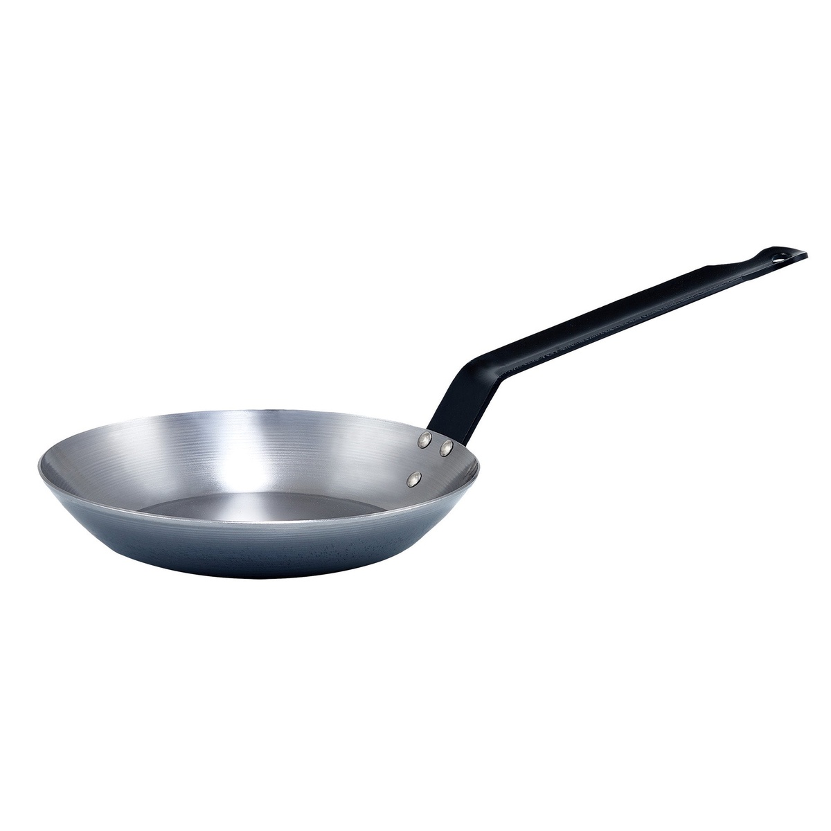Winco CSFP-11 10-3/8 inch polished carbon steel French style fry pan with riveted handle on white background