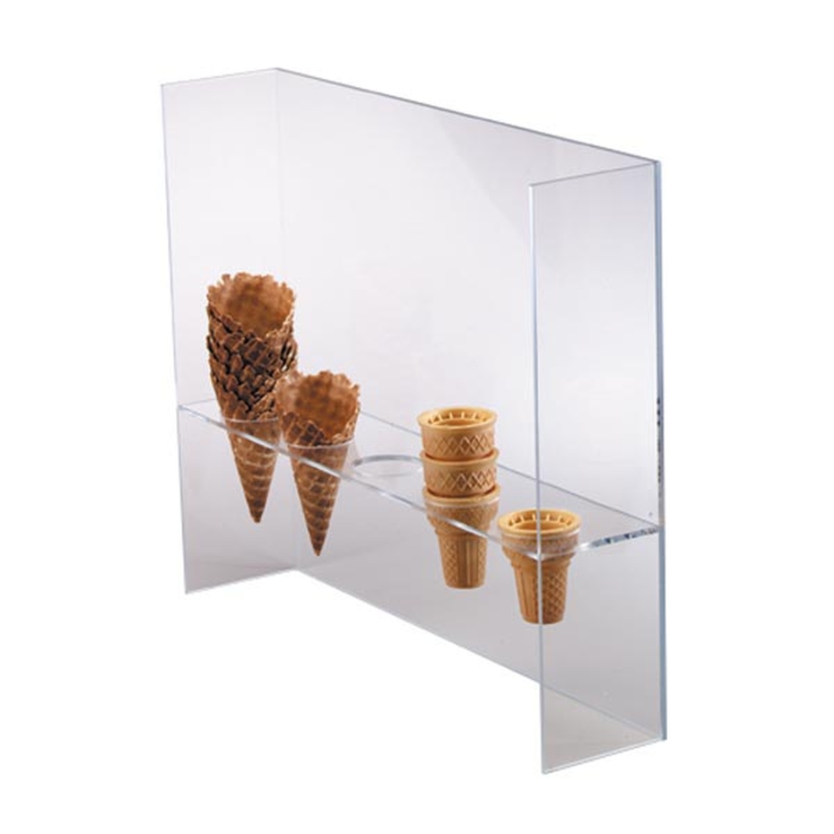 Dispense-Rite CSG-5L clear acrylic 5-section countertop ice cream cone stand with sneeze guard holding waffle and cake cones