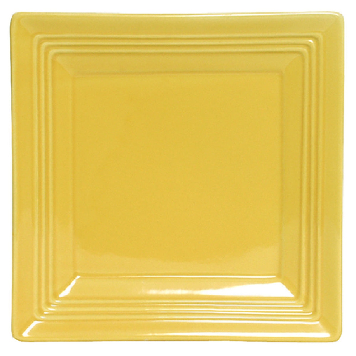 Tuxton CSH-0845 8-1/2 inch square Concentrix saffron yellow china plate viewed from above, showing concentric ridge detailing and wide rim