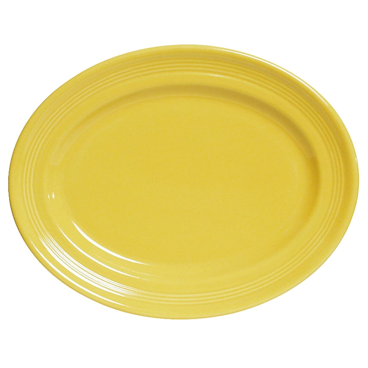 Tuxton CSH-096 Concentrix saffron yellow oval china platter with wide concentric ridged rim