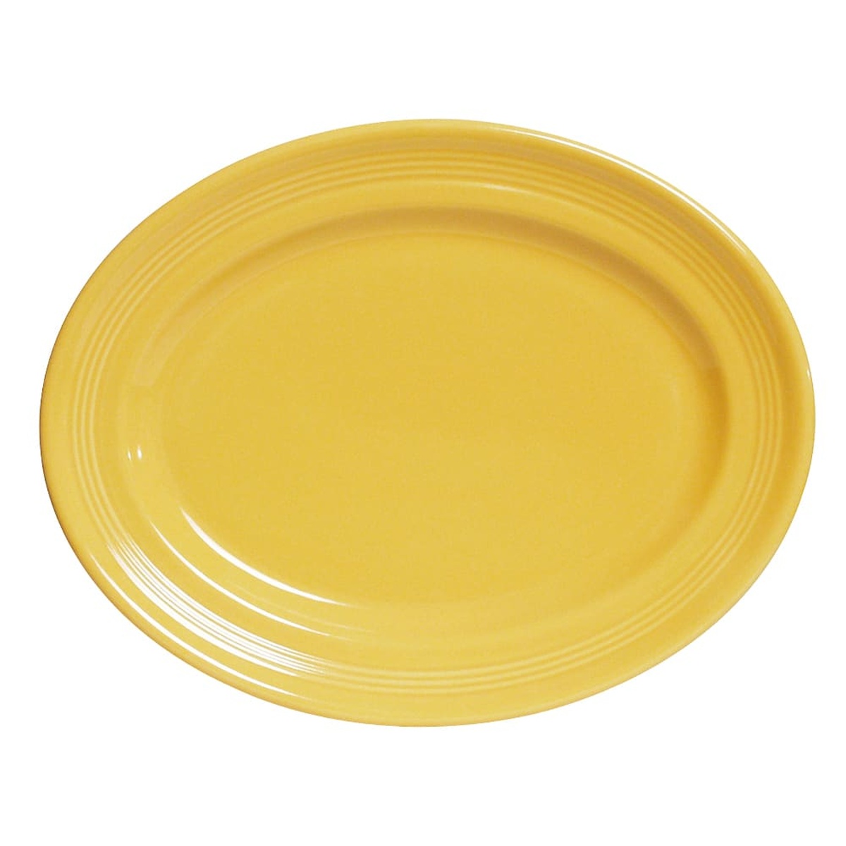 Tuxton CSH-1352 13-1/2 x 9-3/4 inch oval saffron yellow Concentrix platter with coupe rim on white background