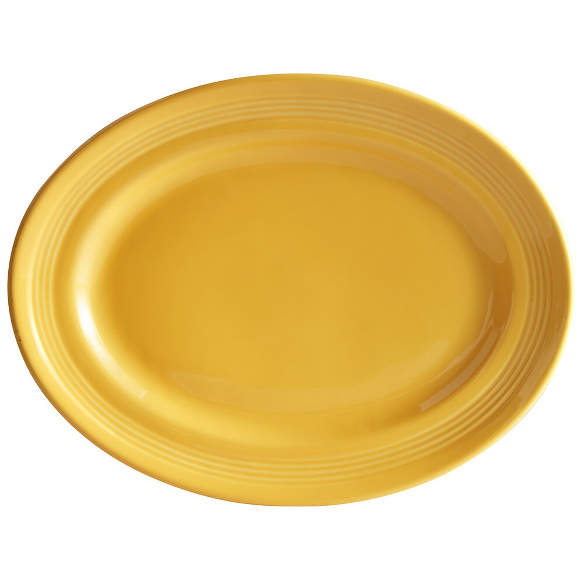 Tuxton Concentrix CSH-136 saffron oval china platter with concentric ridged rim, top-down view on white background