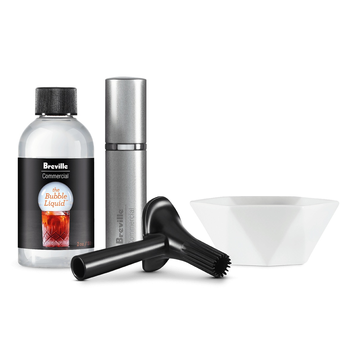 Breville Commercial Smoke Bubble Kit components including bubble liquid bottle, atomizer, bubble barrel, and ceramic dish on white background