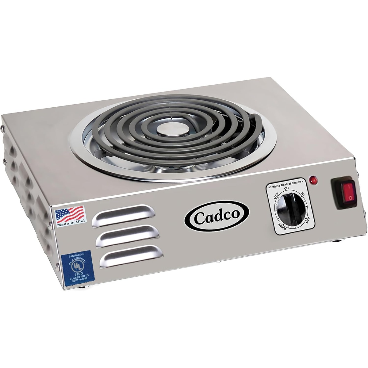 Cadco CSR-3T single-burner stainless steel hot plate with tubular coil element and control knob