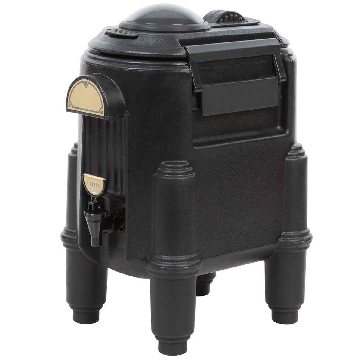 Cambro CSR3110 black insulated beverage dispenser with brass coffee label plate and spigot on white background