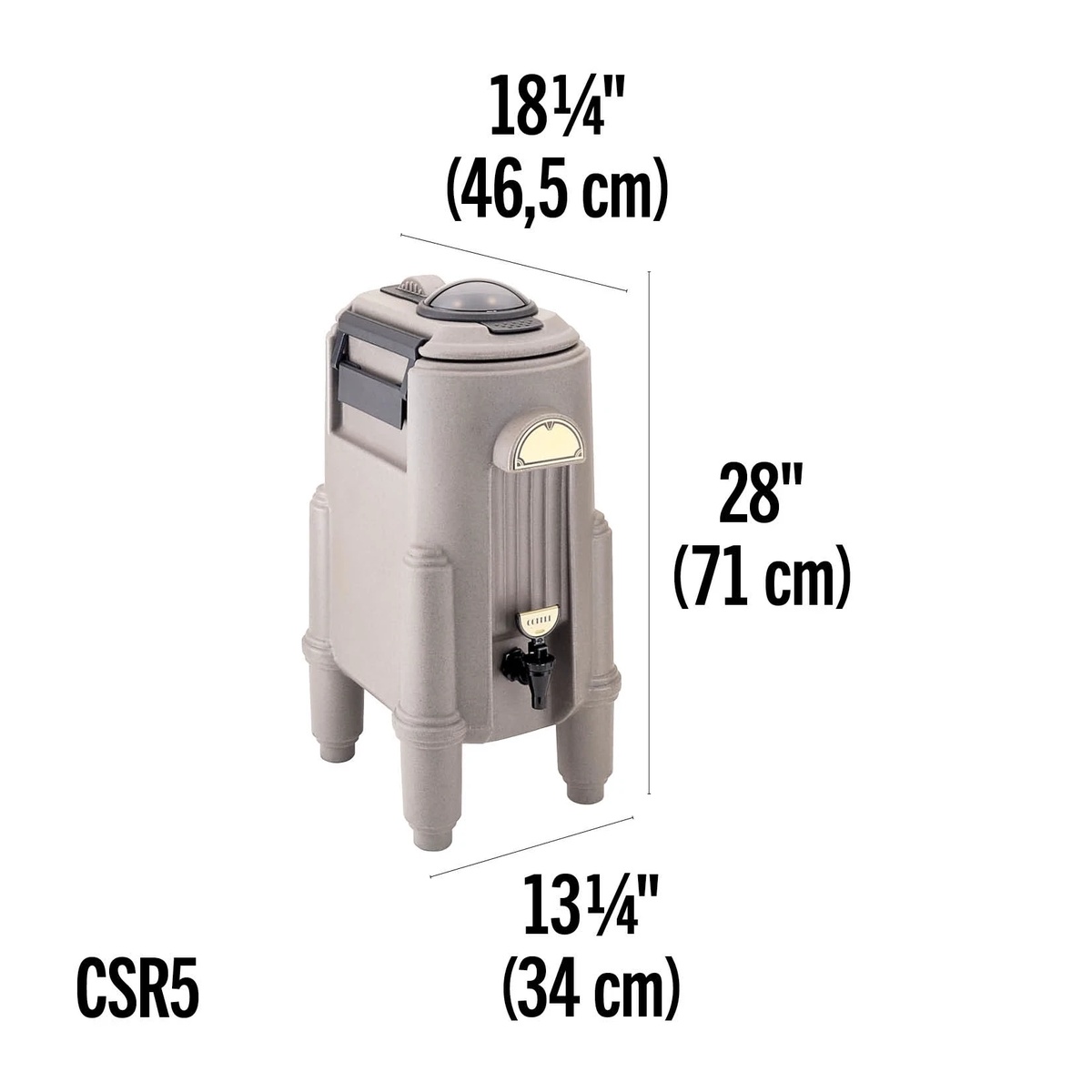 Cambro CSR5 Camserver dimension diagram showing 18-1/4 inch depth, 28 inch height, and 13-1/4 inch width