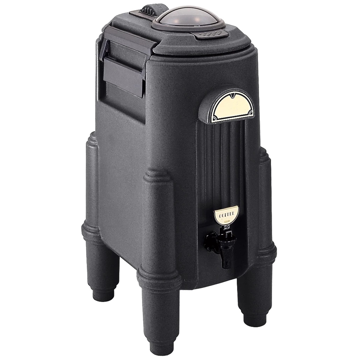 Cambro CSR5110 Camserver 5-gallon black insulated beverage dispenser with brass identifier plate and spigot