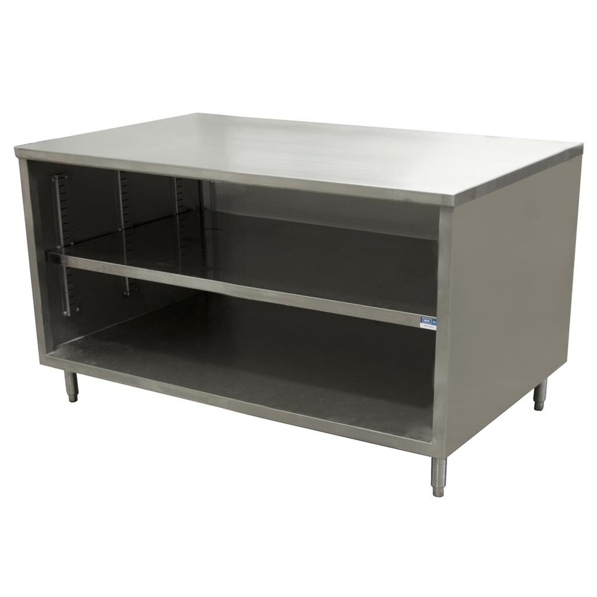 BK Resources CST-3060 stainless steel cabinet base chef table with open front and interior shelf