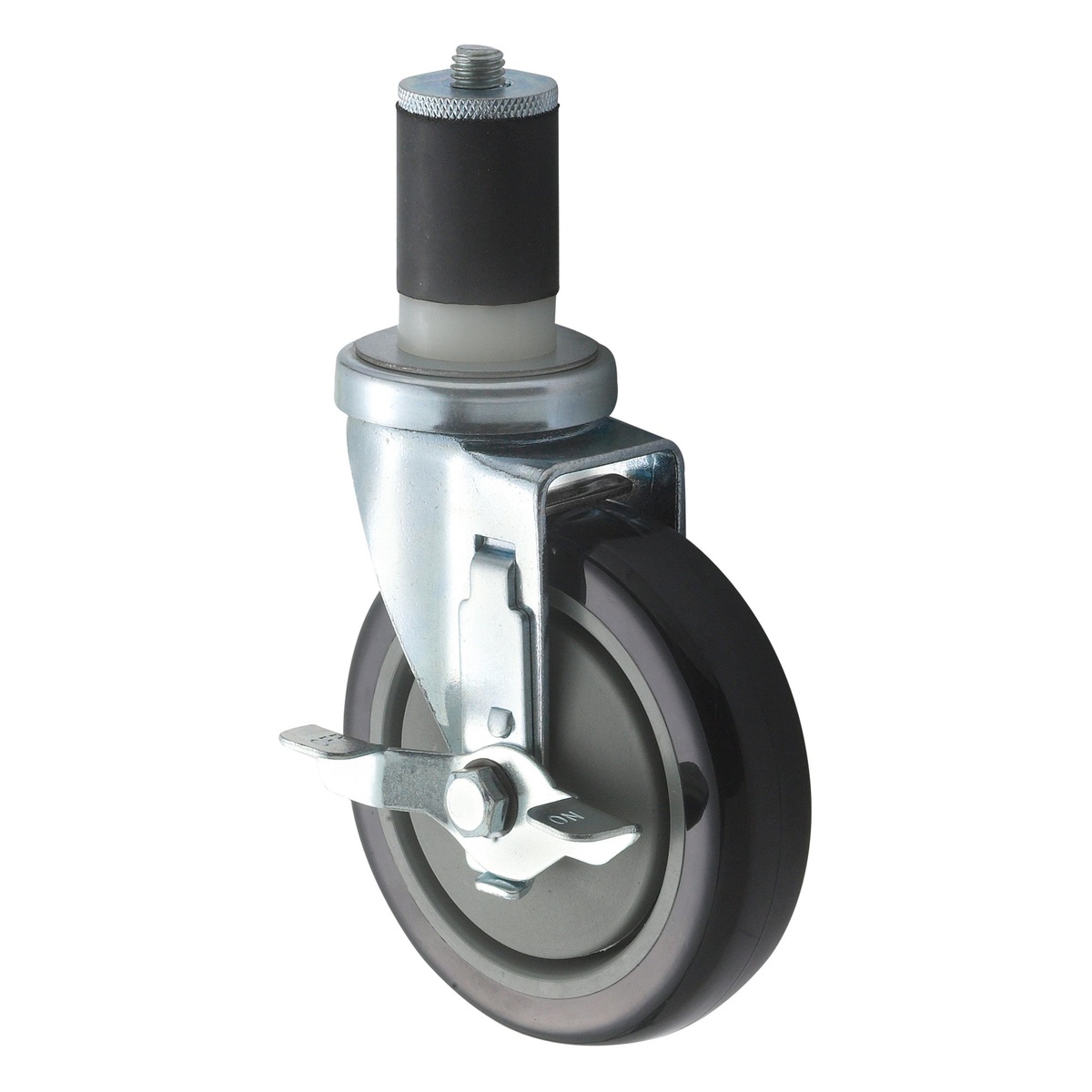 Winco CT-1B 5-inch stem caster with brake, showing polyurethane wheel, steel yoke, and expandable stem insert
