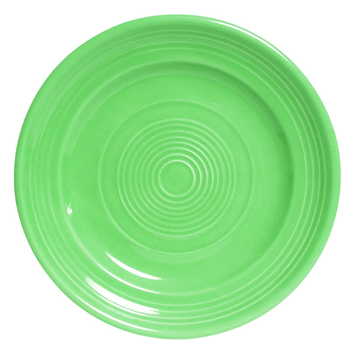Tuxton Concentrix CTA-104 10.5-inch round cilantro green ceramic dinner plate with wide rim and concentric ring detail, viewed from above