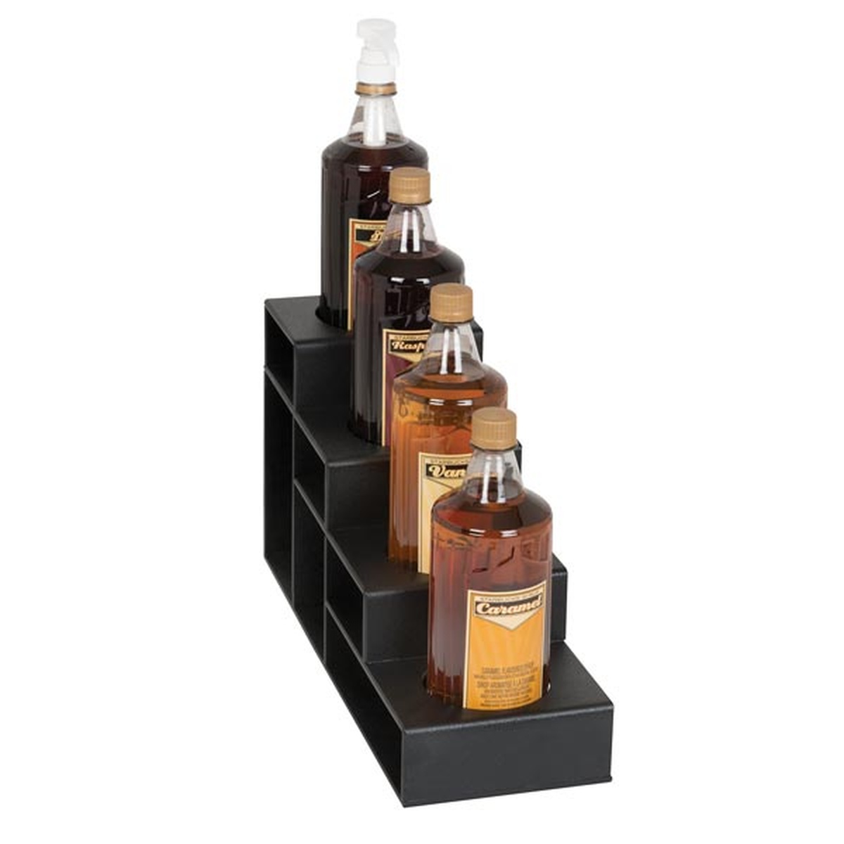 Dispense-Rite CTBH-4BT black 4-tier countertop bottle organizer holding four syrup bottles in stair-step formation