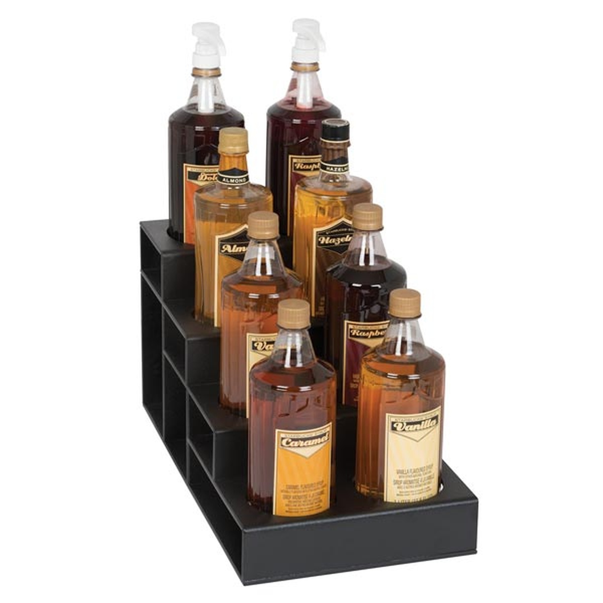 Dispense-Rite CTBH-8BT black polystyrene 4-tier 8-bottle countertop organizer filled with syrup bottles