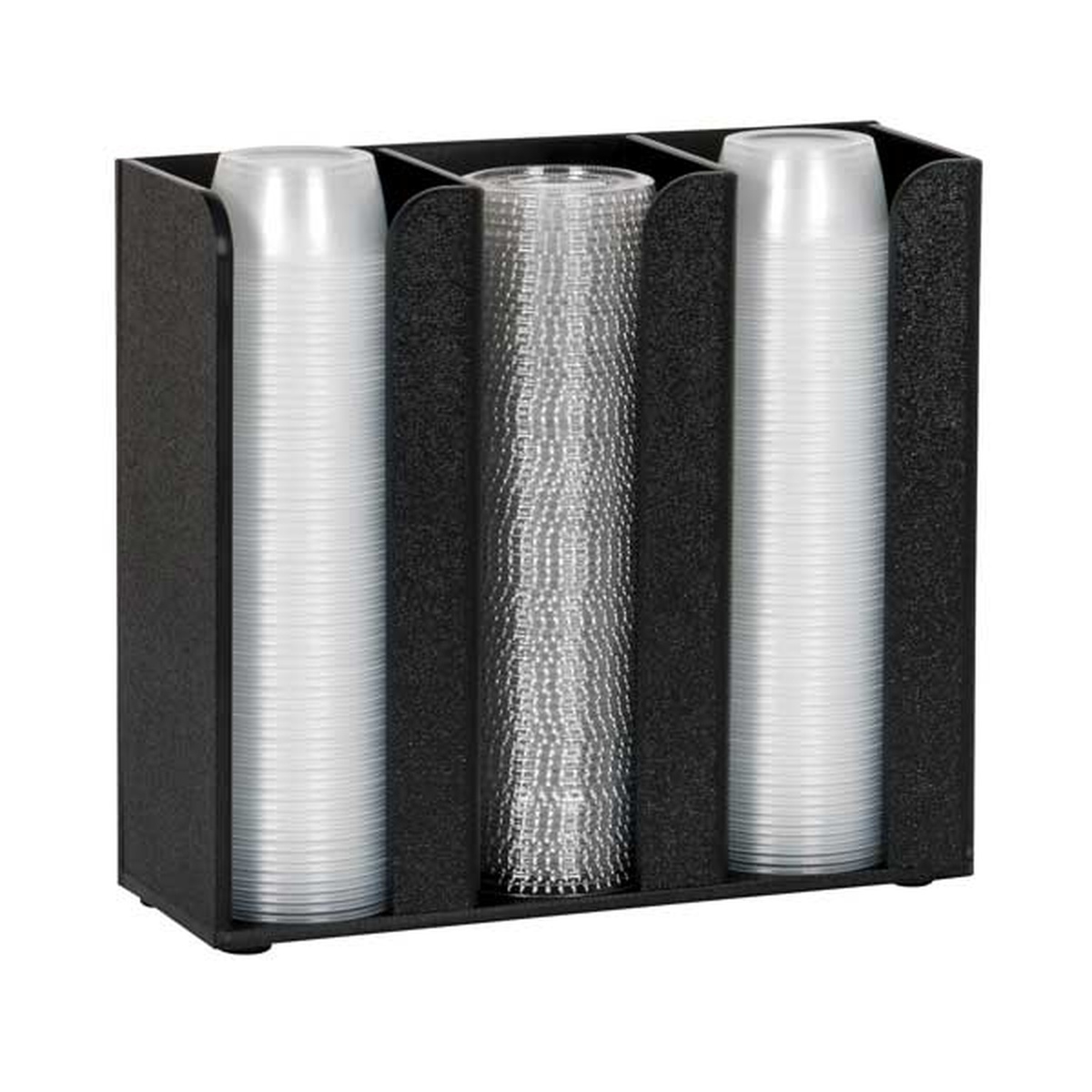 Dispense-Rite CTCO-3BT black polystyrene 3-section portion cup and lid organizer holding stacked lids and cups