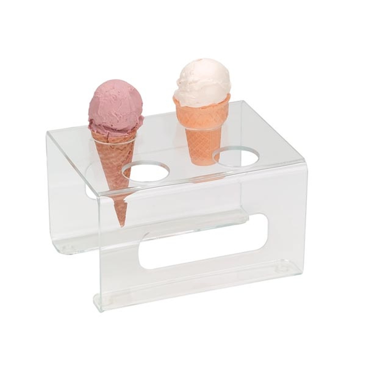 Dispense-Rite CTCS-4C clear acrylic 4-hole ice cream cone holder with two cones held upright