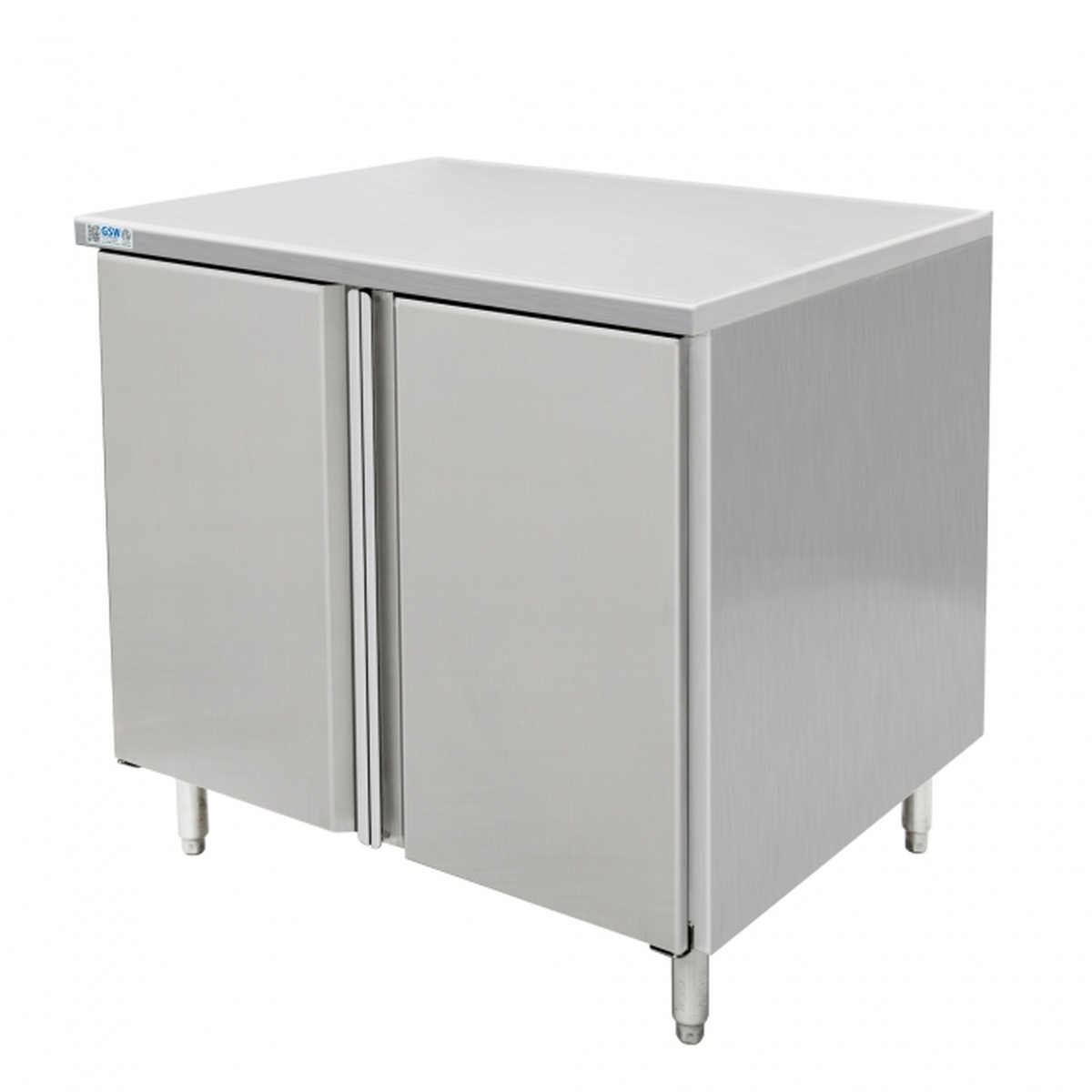 GSW USA CTD-2460H stainless steel flat top enclosed work table with two hinged doors and adjustable bullet feet