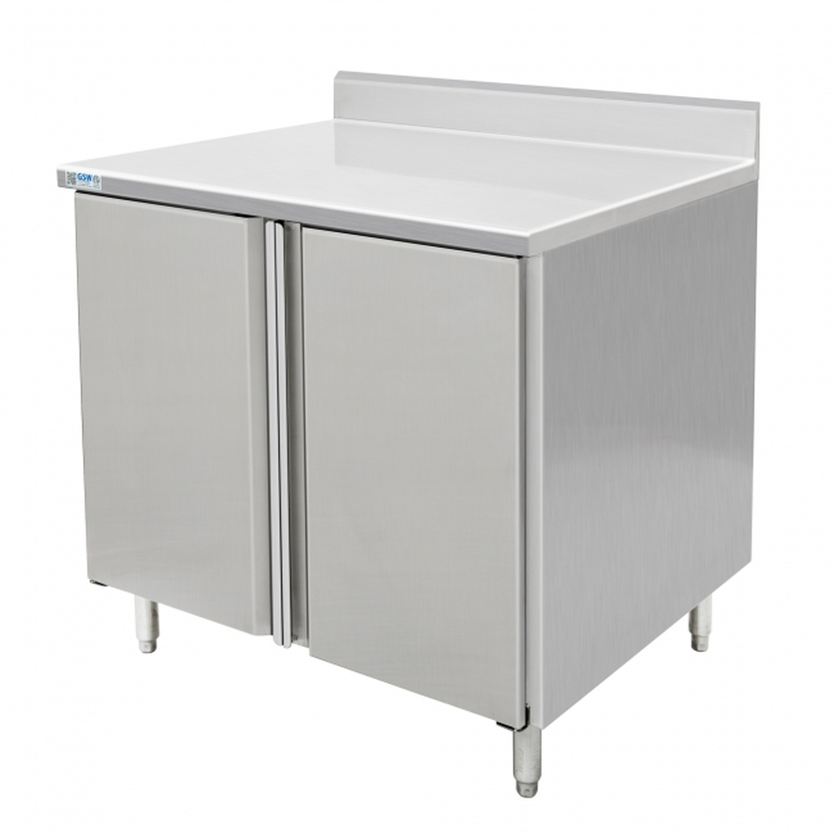 GSW USA CTD-P3036H stainless steel work table with two hinged cabinet doors and 4-inch rear backsplash