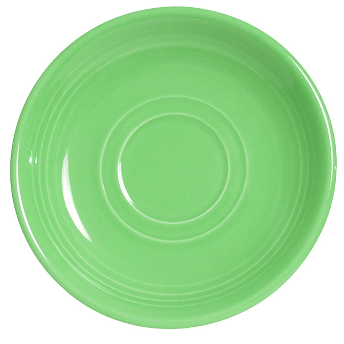 Tuxton CTE-060 6-inch round ceramic saucer in cilantro green, top-down view