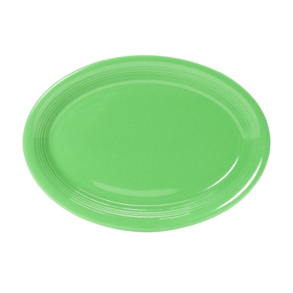 Tuxton CTH-1352 oval ceramic platter in cilantro green with coupe rim, top-angle view