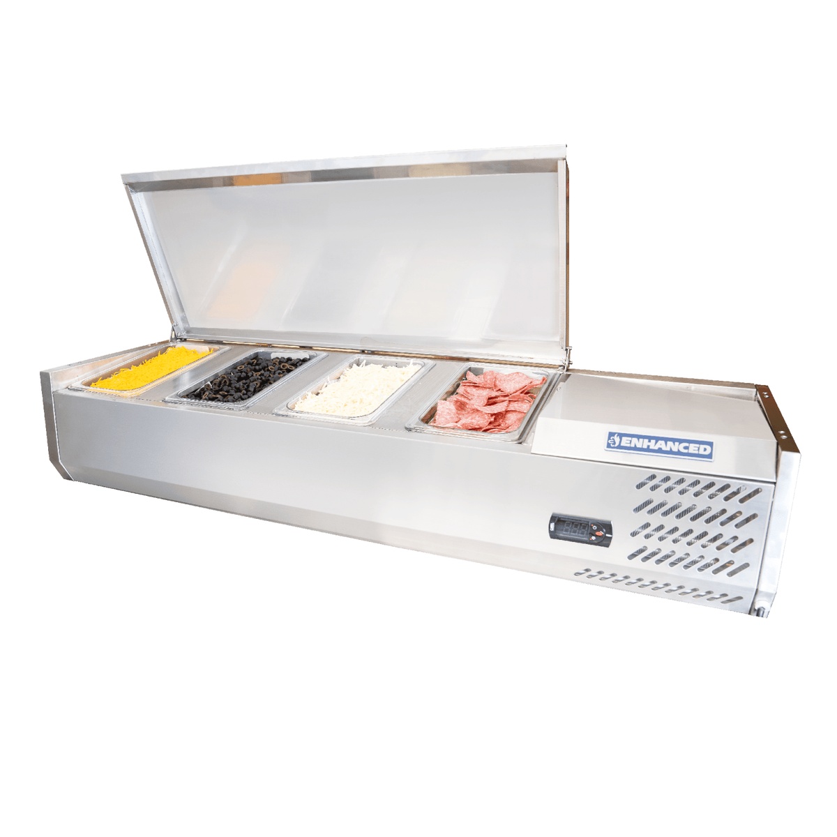 Enhanced CTSP-48-15G-HC countertop refrigerated prep station with glass lid open showing food pans filled with toppings