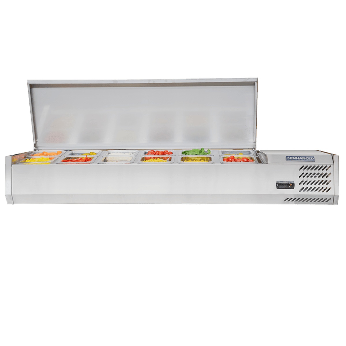Enhanced CTSP-60-15-HC countertop prep station with lid open showing multiple refrigerated food pans filled with colorful toppings