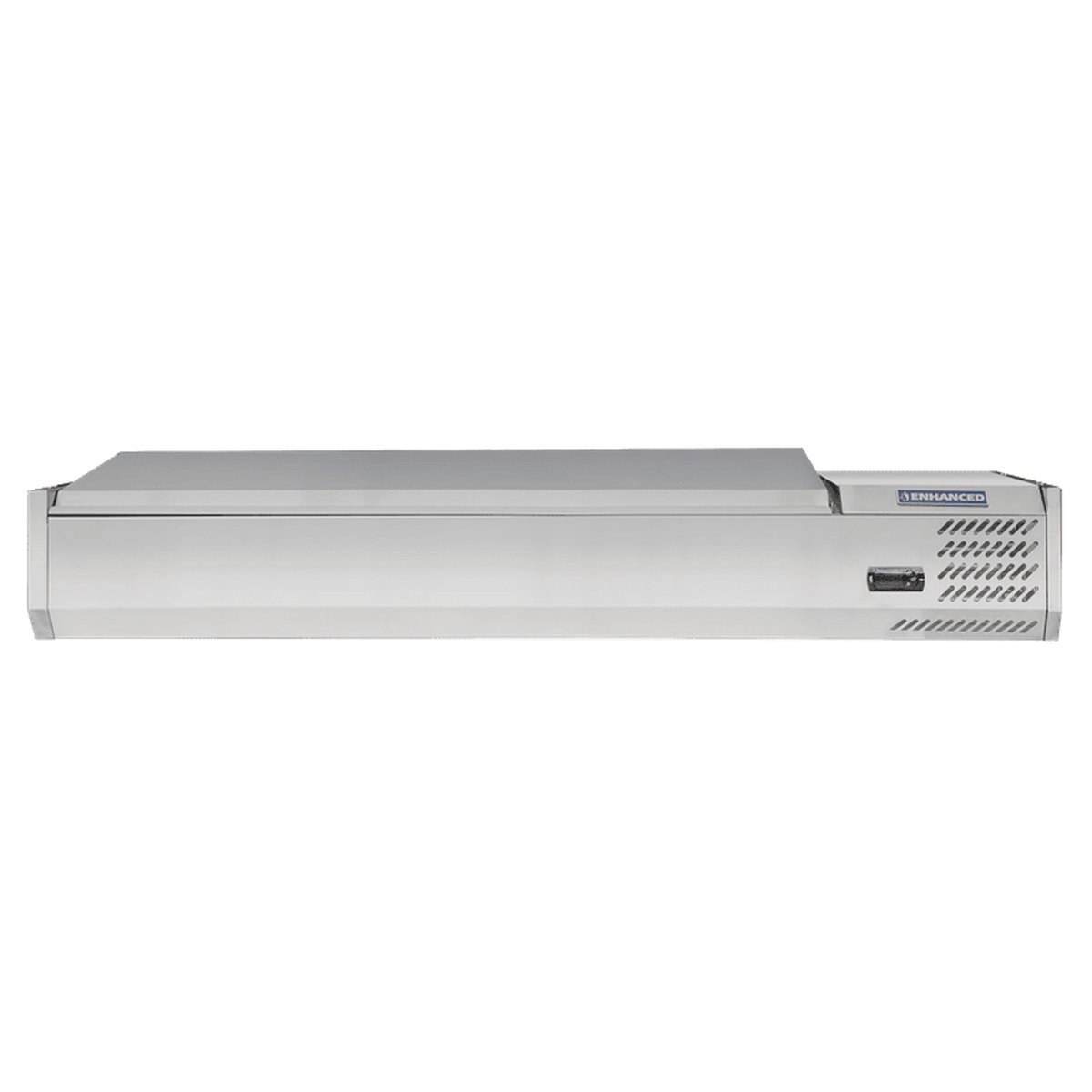 Enhanced CTSP-60-15G-HC countertop refrigerated topping station side profile with lid closed showing stainless steel housing and vent panel