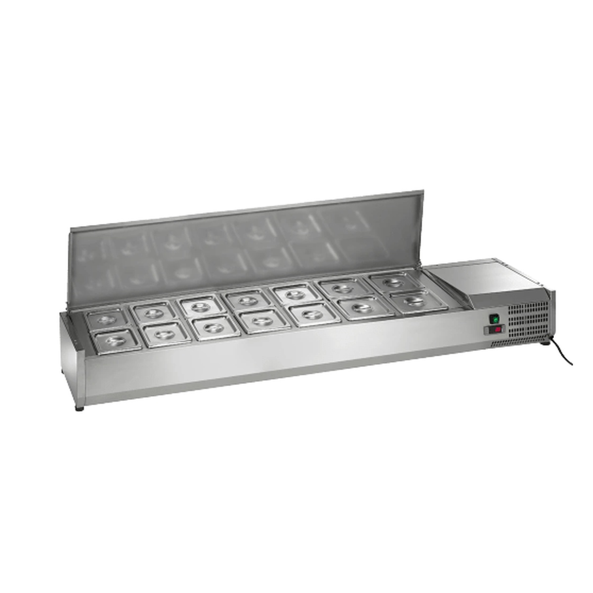 CTSP-78-15-HC Enhanced 78-inch refrigerated countertop sandwich and toppings prep station with clear hinged lid open, stainless steel pan inserts, and digital controls on right side