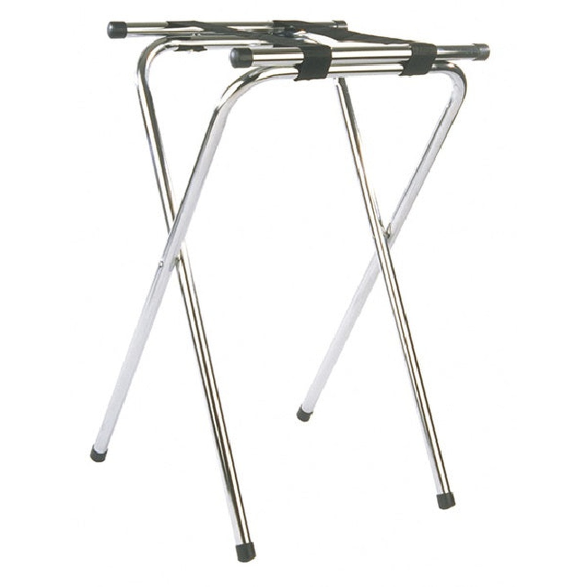 Crestware CTS tubular chrome folding tray stand with black nylon straps and double tray stay bars, shown fully open