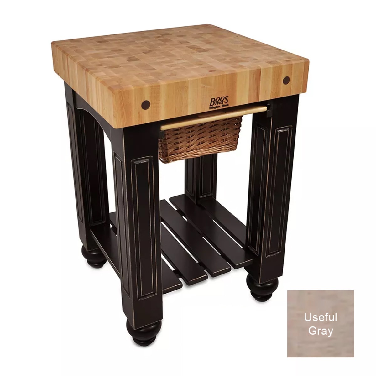 John Boos CU-GB25 American Heritage Gathering Block I with Hard Maple end grain top, dark distressed wood base, wicker basket, and slatted undershelf