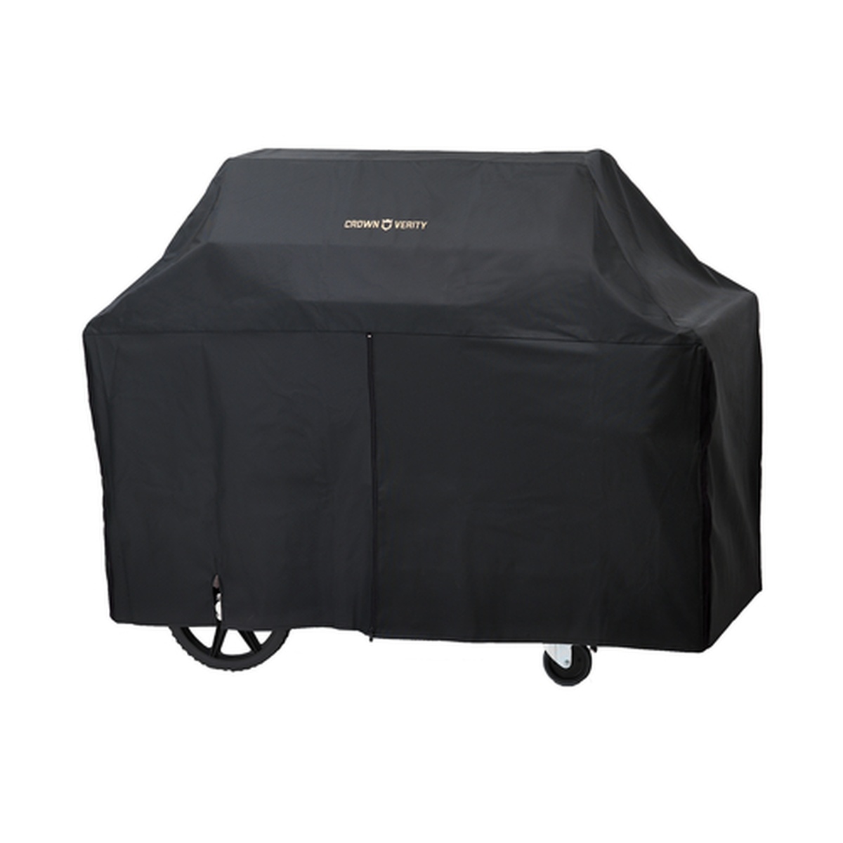 Black Crown Verity vinyl grill cover shown installed over a 36 inch mobile grill
