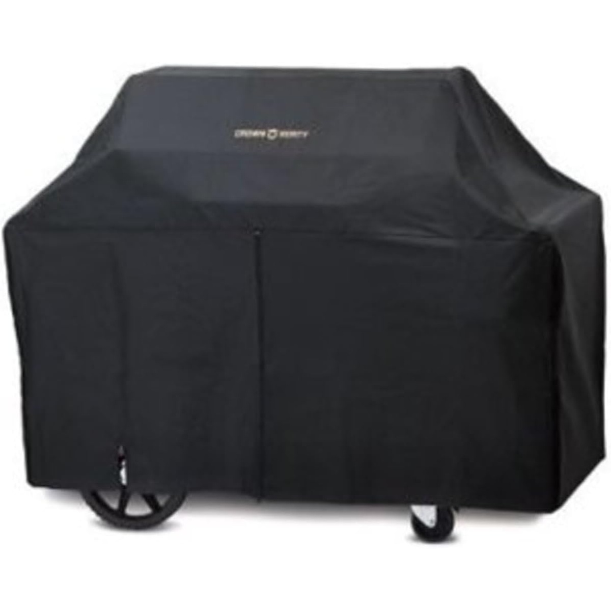 Black vinyl grill cover fitted over a Crown Verity 60-inch mobile grill