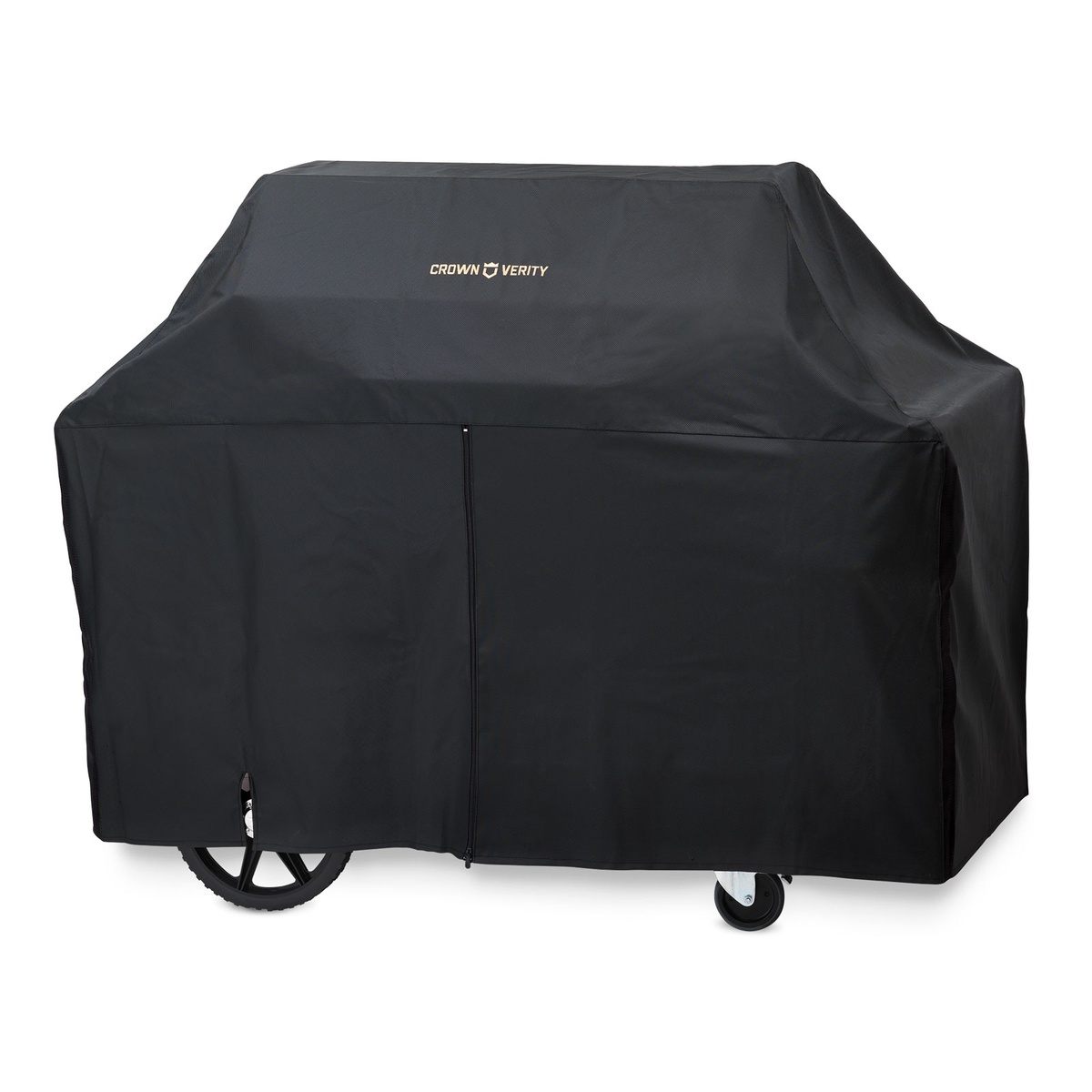 Black vinyl grill cover fitted over a Crown Verity 72 inch mobile grill with roll dome