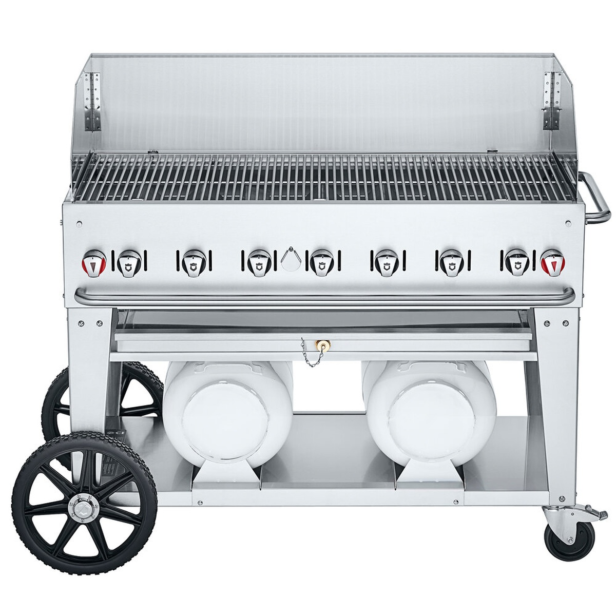 Crown Verity mobile stainless steel outdoor grill with multiple control knobs and two horizontal propane tanks mounted on the undershelf