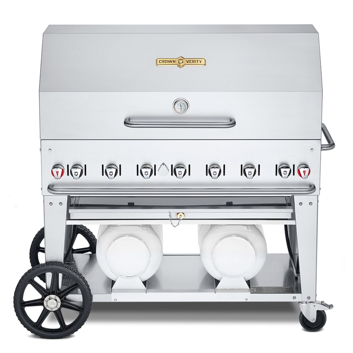Crown Verity CV-CCB-48RDP mobile stainless steel outdoor grill with roll dome and dual horizontal propane tanks
