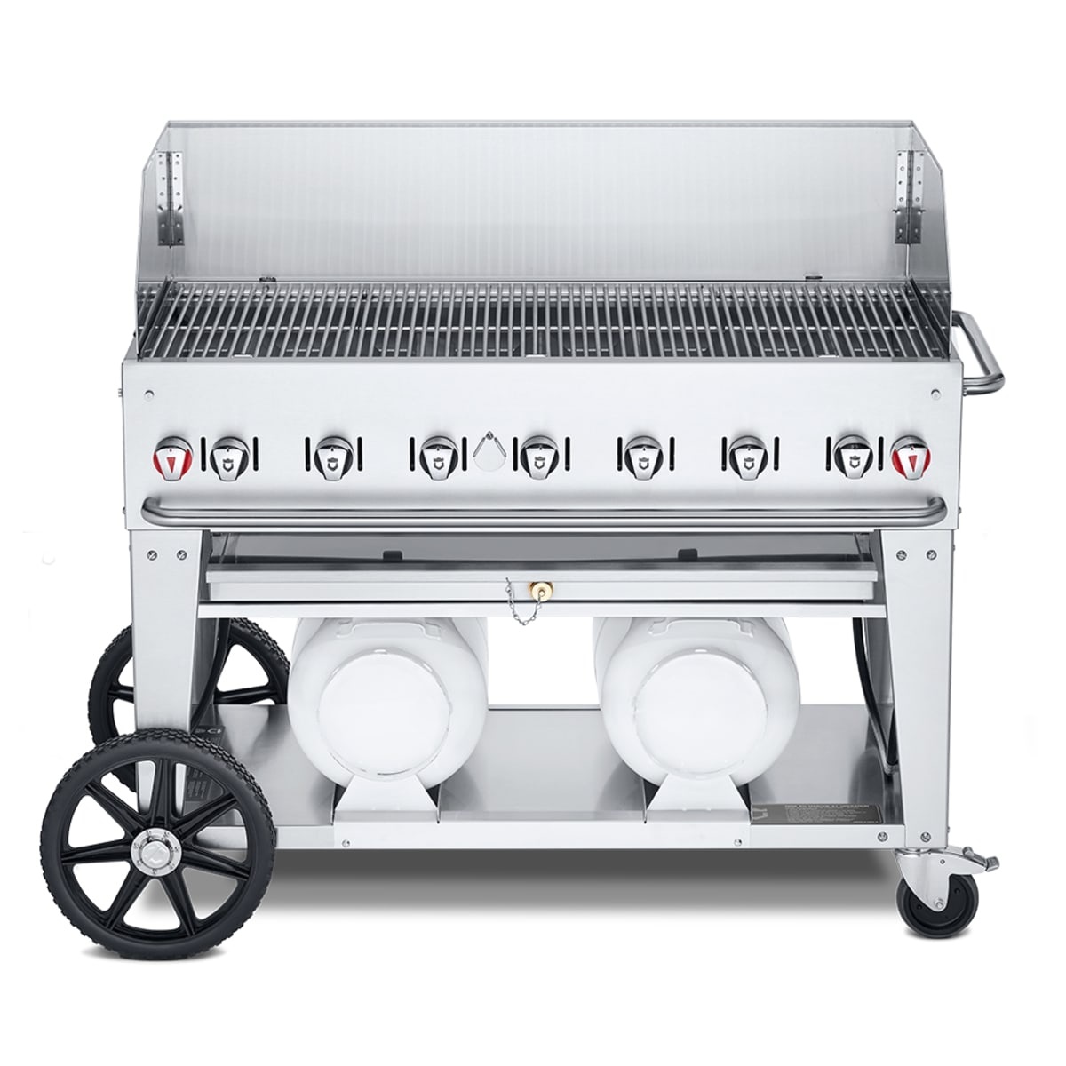 Crown Verity CV-CCB-48WGP stainless steel mobile outdoor grill with wind guard and two horizontal propane tanks