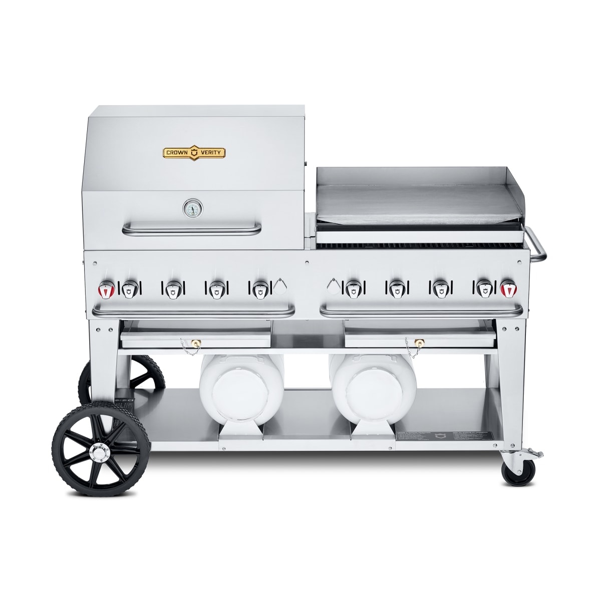 Crown Verity CV-CCB-60RGP mobile stainless steel grill with roll dome and griddle