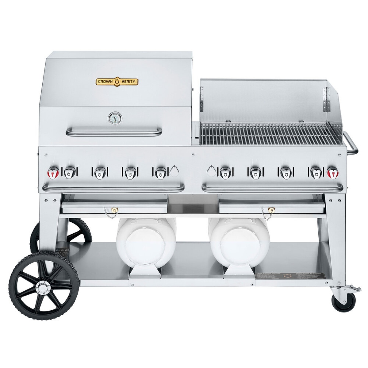 Crown Verity CV-CCB-60RWP stainless steel mobile club grill with roll dome, wind guard, and two horizontal propane tanks