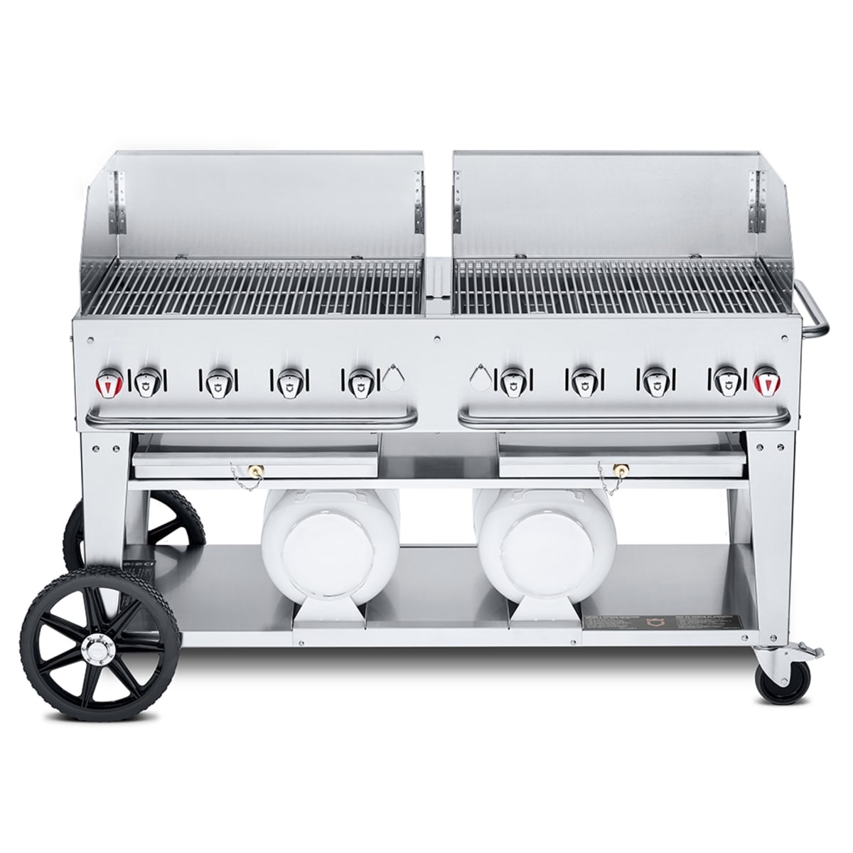 Crown Verity CV-CCB-60WGP mobile outdoor propane grill with wind guards and dual horizontal tanks