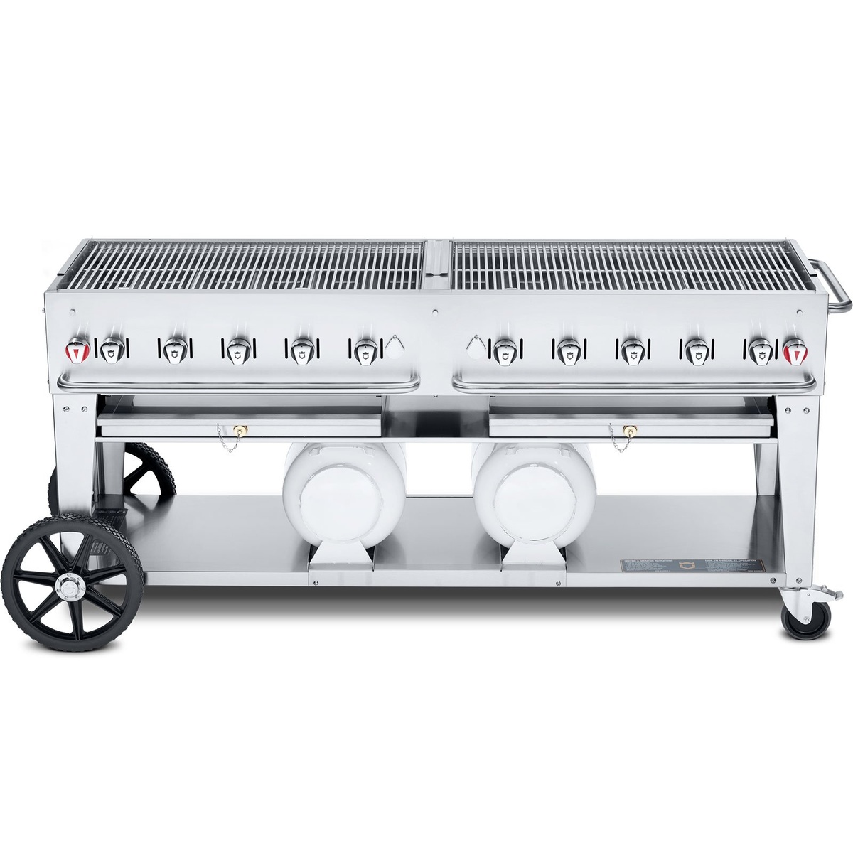 Front view of Crown Verity CV-CCB-72 stainless steel outdoor club grill with two horizontal propane tanks