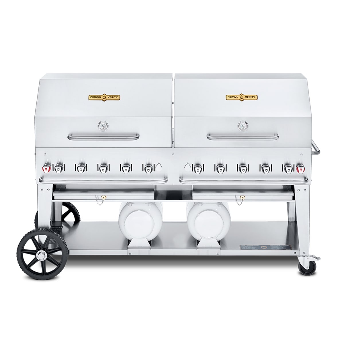 Crown Verity CV-CCB-72RDP mobile stainless steel outdoor grill with dual roll domes and horizontal propane tank brackets