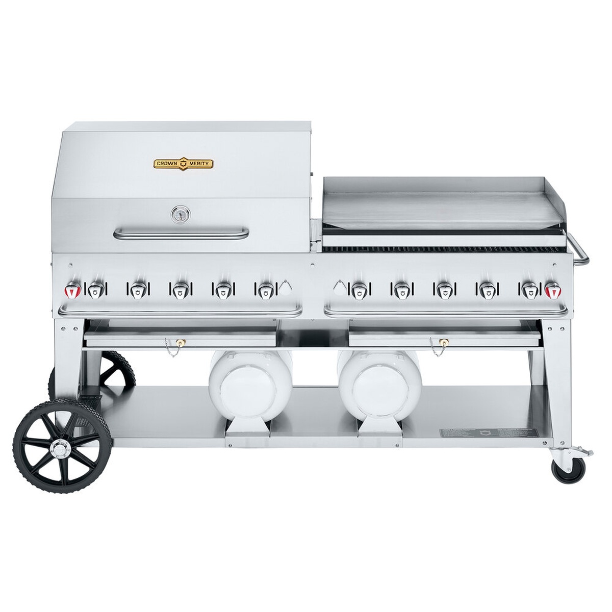 Crown Verity CV-CCB-72RGP stainless steel mobile propane grill with roll dome and griddle