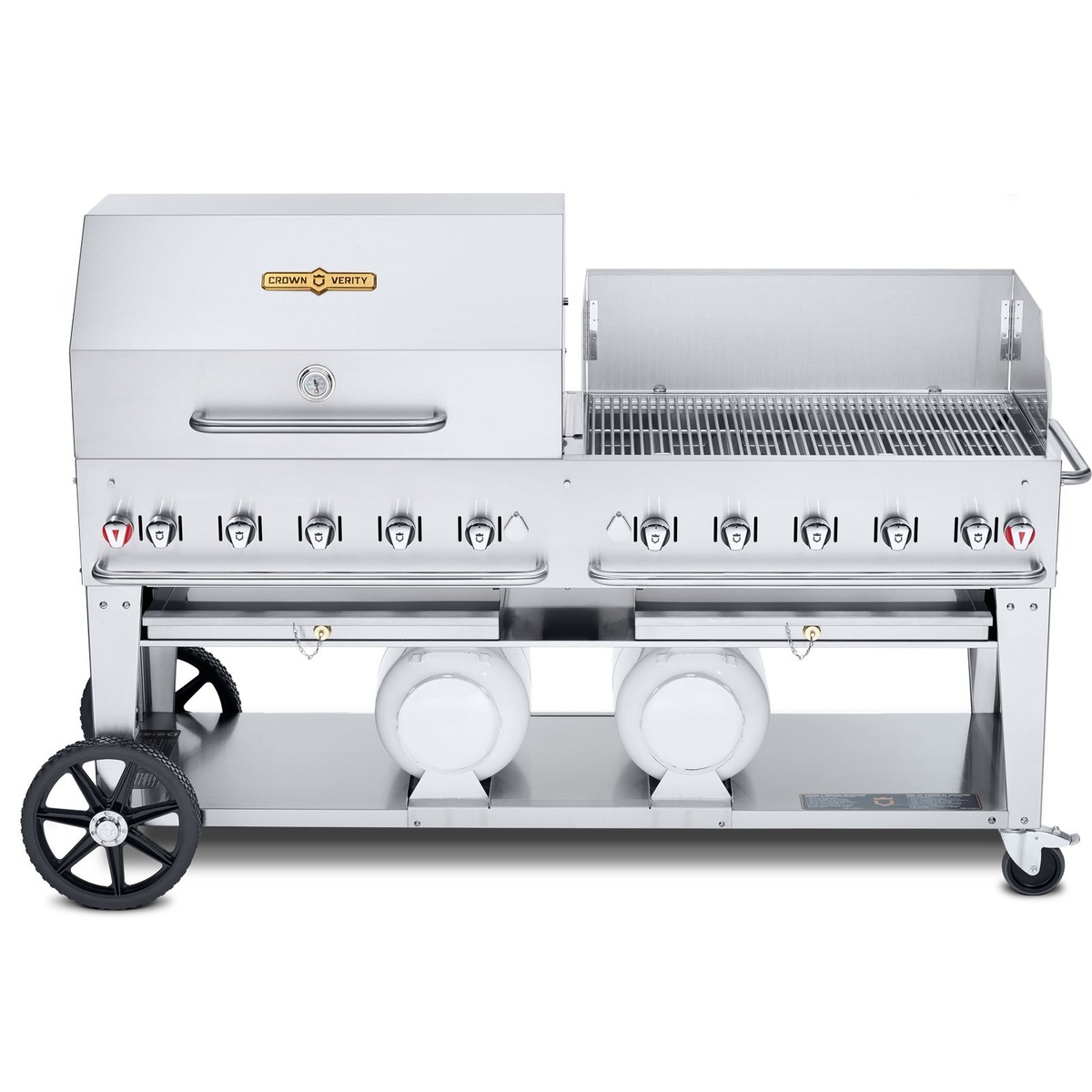 Crown Verity CV-CCB-72RWP mobile propane gas grill with roll dome, wind guards, and dual horizontal propane tanks