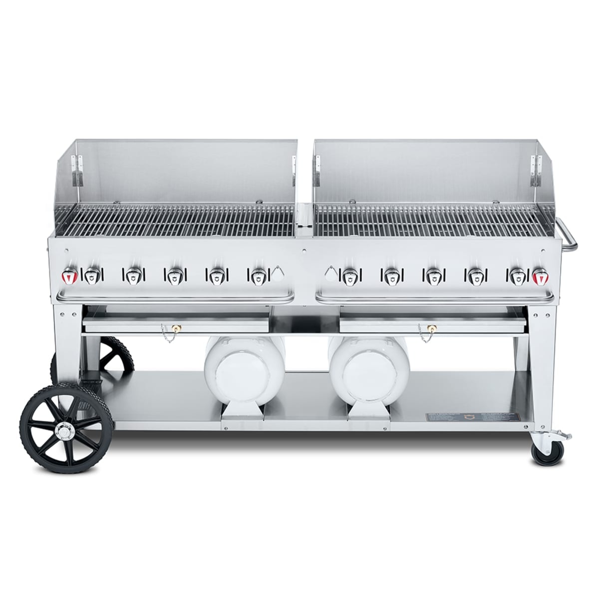 Crown Verity CV-CCB-72WGP stainless steel mobile outdoor grill with dual wind guards and tank shelf