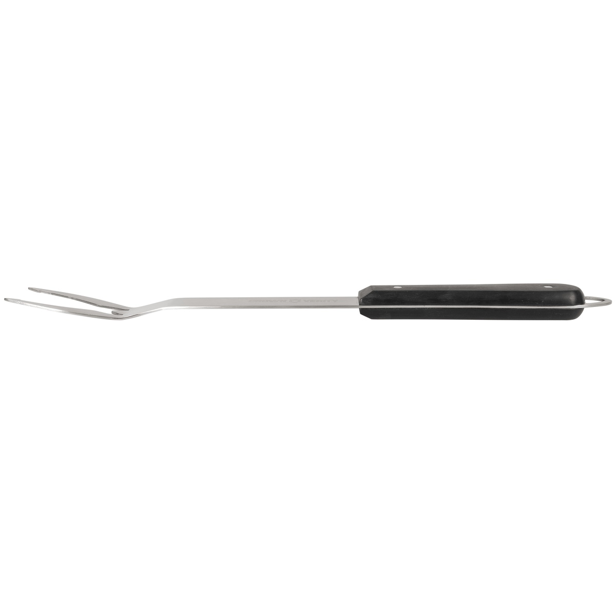 Side profile of Crown Verity grilling fork showing long shaft and black handle