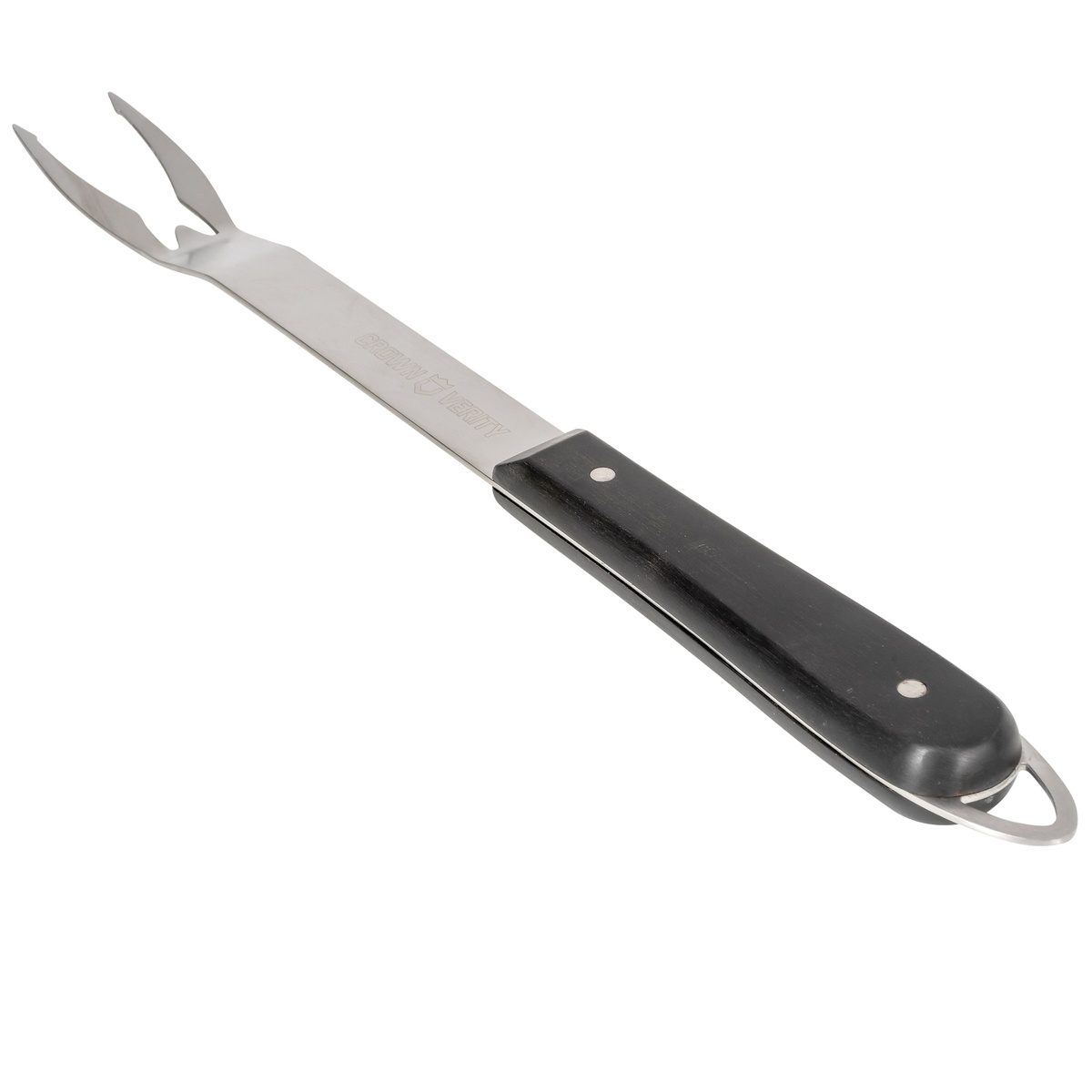 Angled view of Crown Verity BBQ fork showing hanging loop on handle