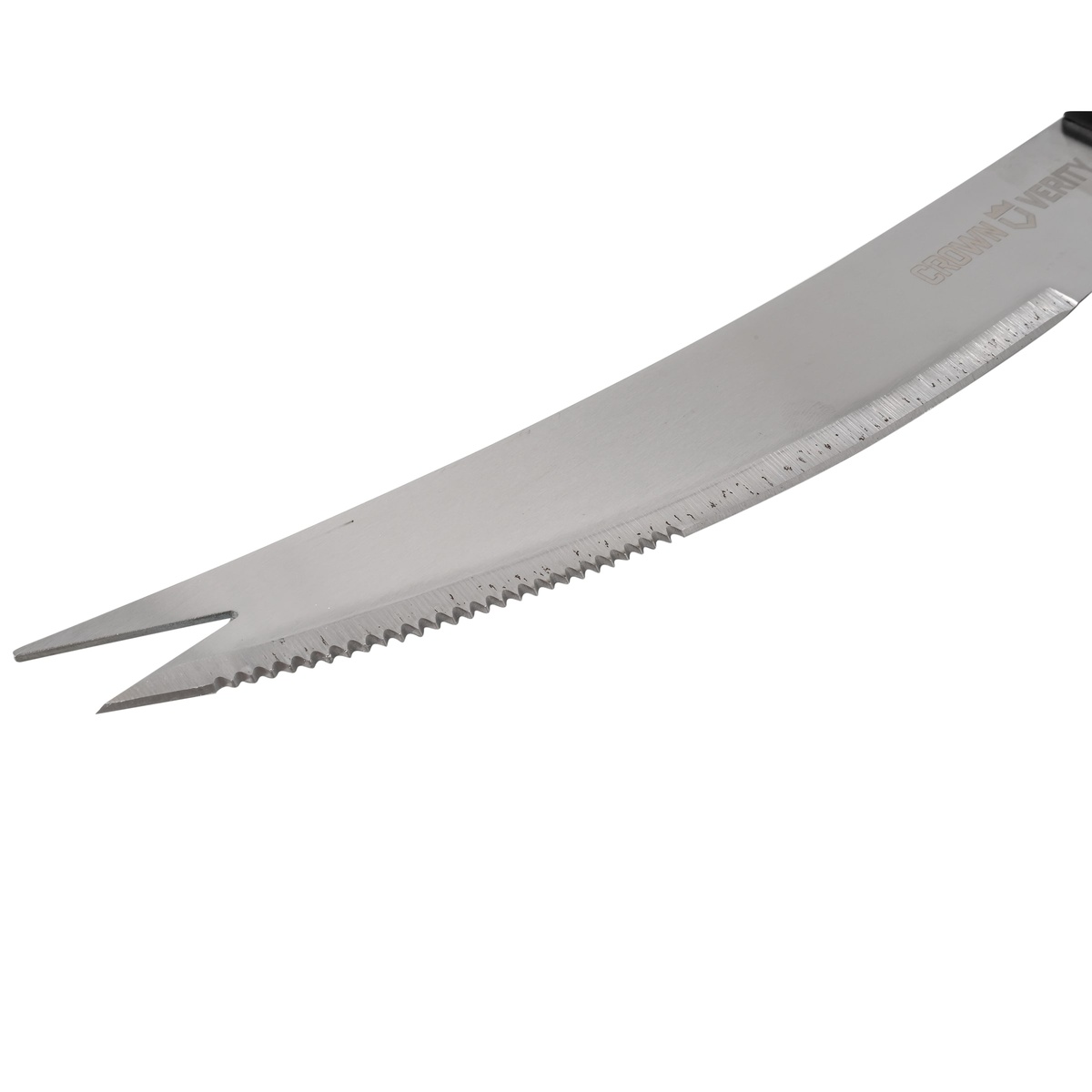 Close-up of the serrated edge and forked tip on the Crown Verity BBQ knife