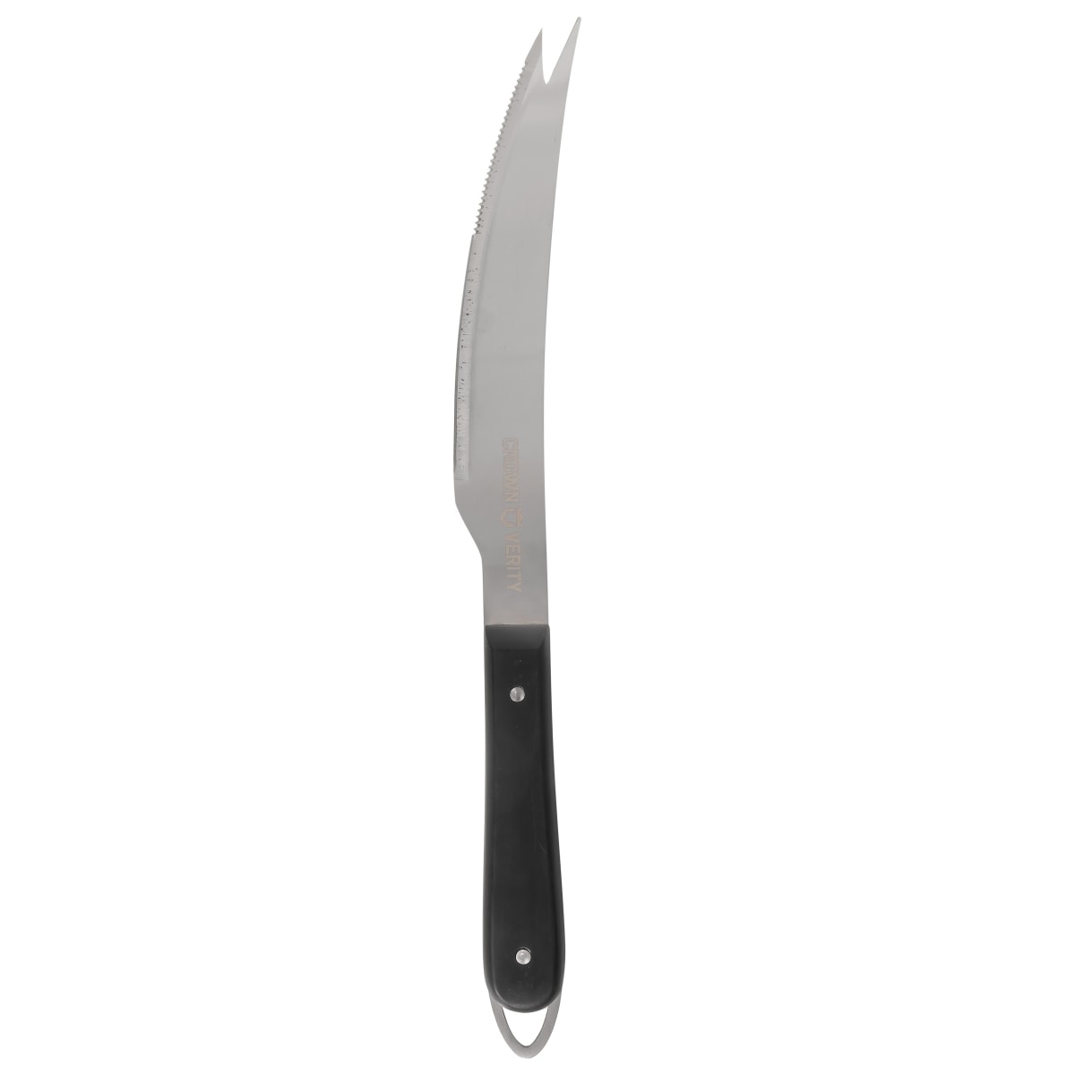 Full view of the Crown Verity BBQ knife showing forked tip, serrated edge, and hanging loop