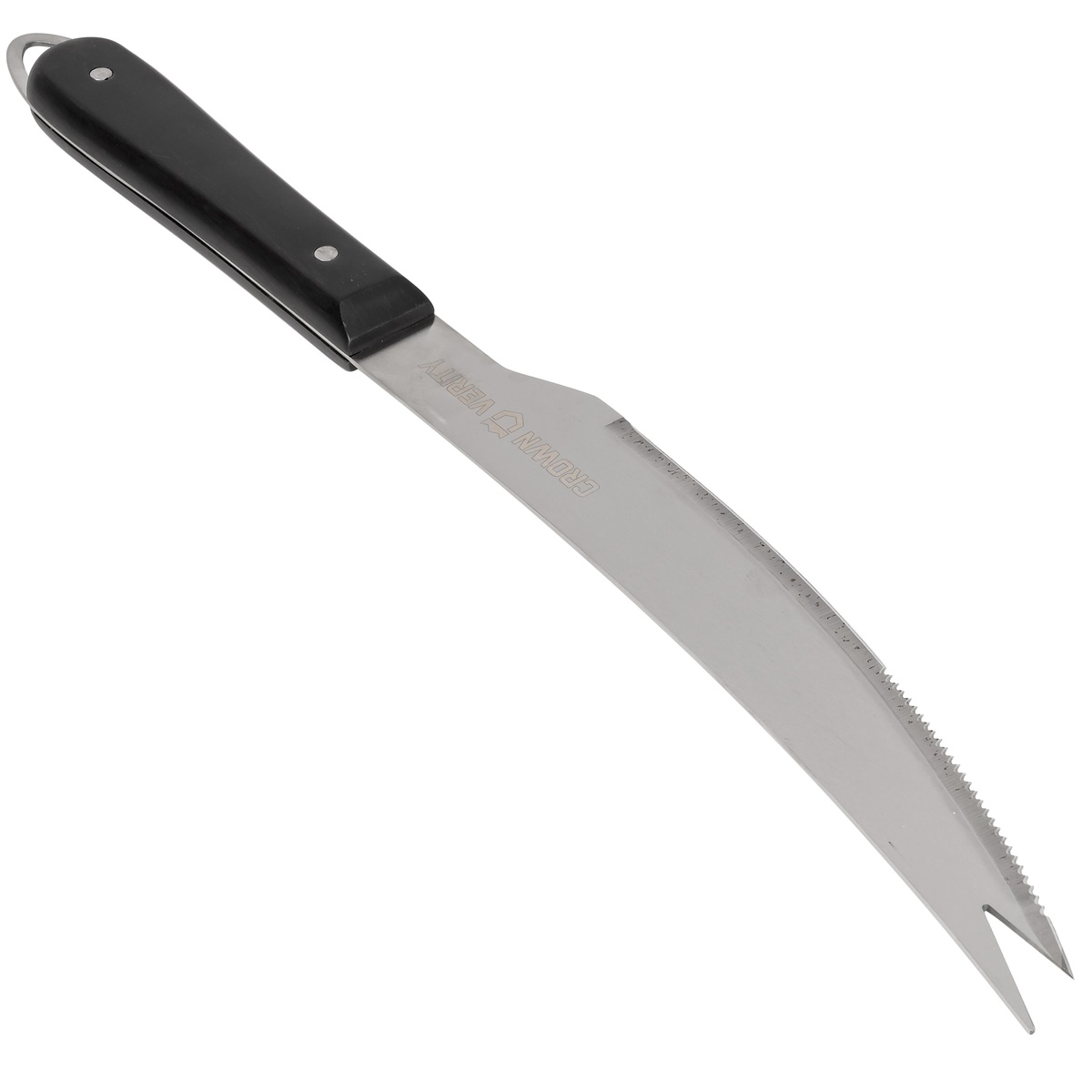 Crown Verity BBQ knife with black handle, serrated edge, and forked tip