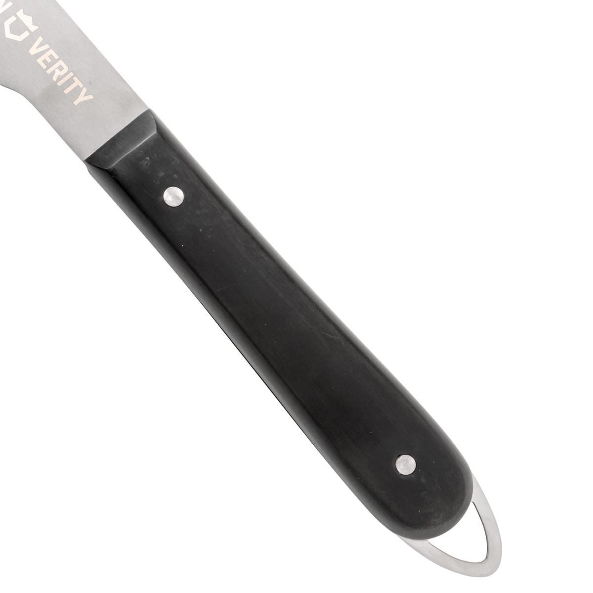 Close-up of the black handle and hanging loop on the Crown Verity BBQ knife