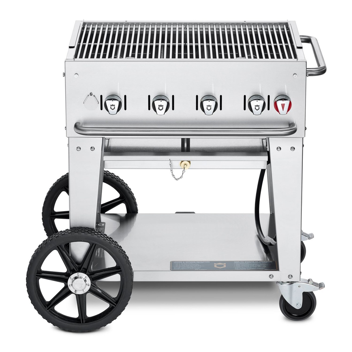 Crown Verity CV-MCB-30 mobile outdoor grill with stainless steel body, control knobs, and cart