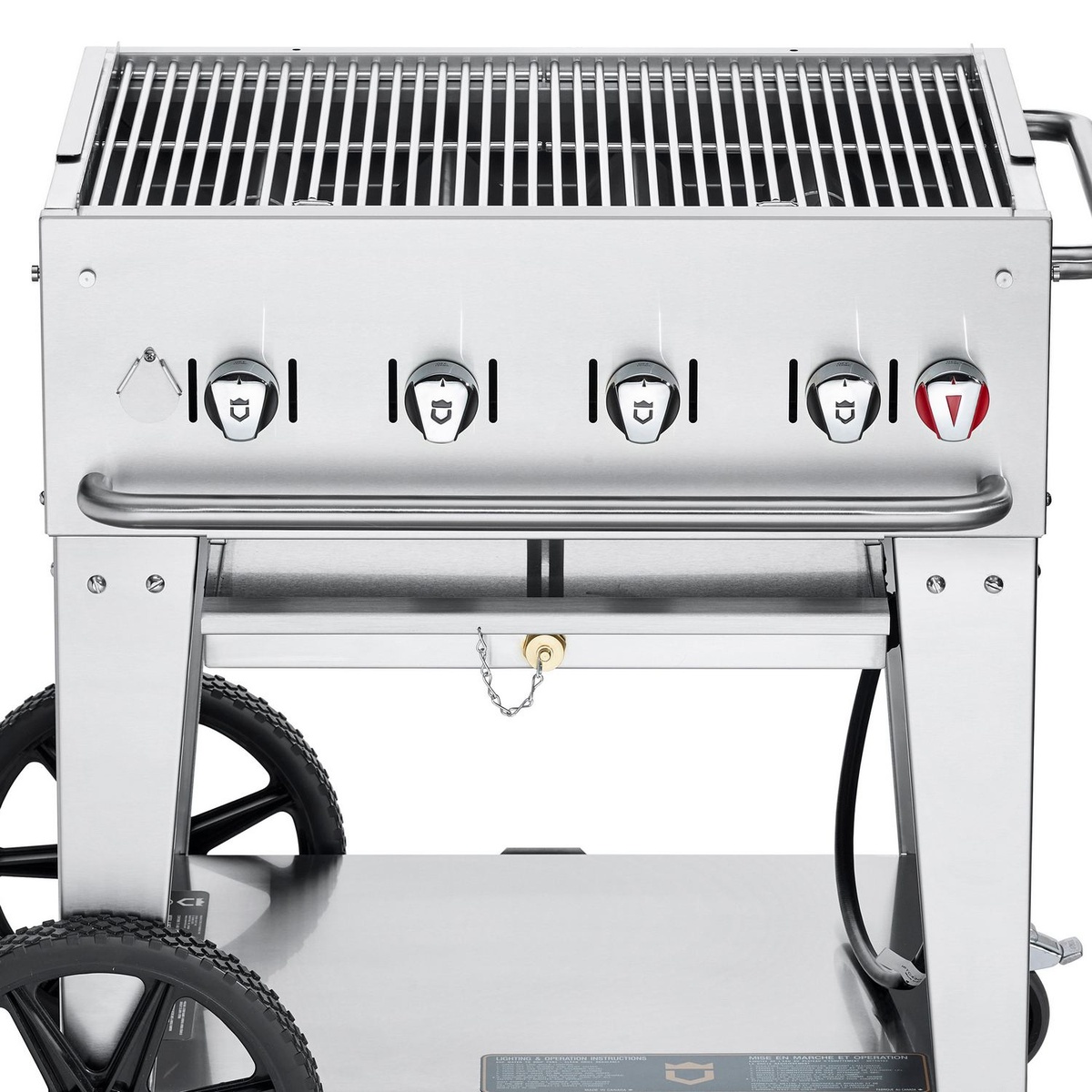 Front view of Crown Verity CV-MCB-30 showing cooking grate and four control knobs